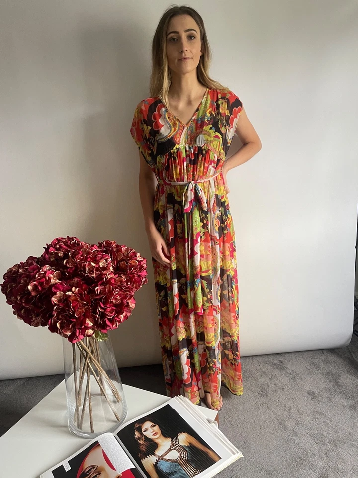 D&G Beachwear Dress UK S Multicoloured Floral Belted Semi Sheer V-Neck - Image 4 of 4