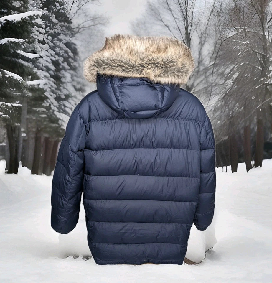 EDDIE BAUER CLASSIC DOWN PARKA WINTER PUFFER JACKET COAT FUR HOODED MENS XL NAVY - Image 2 of 4