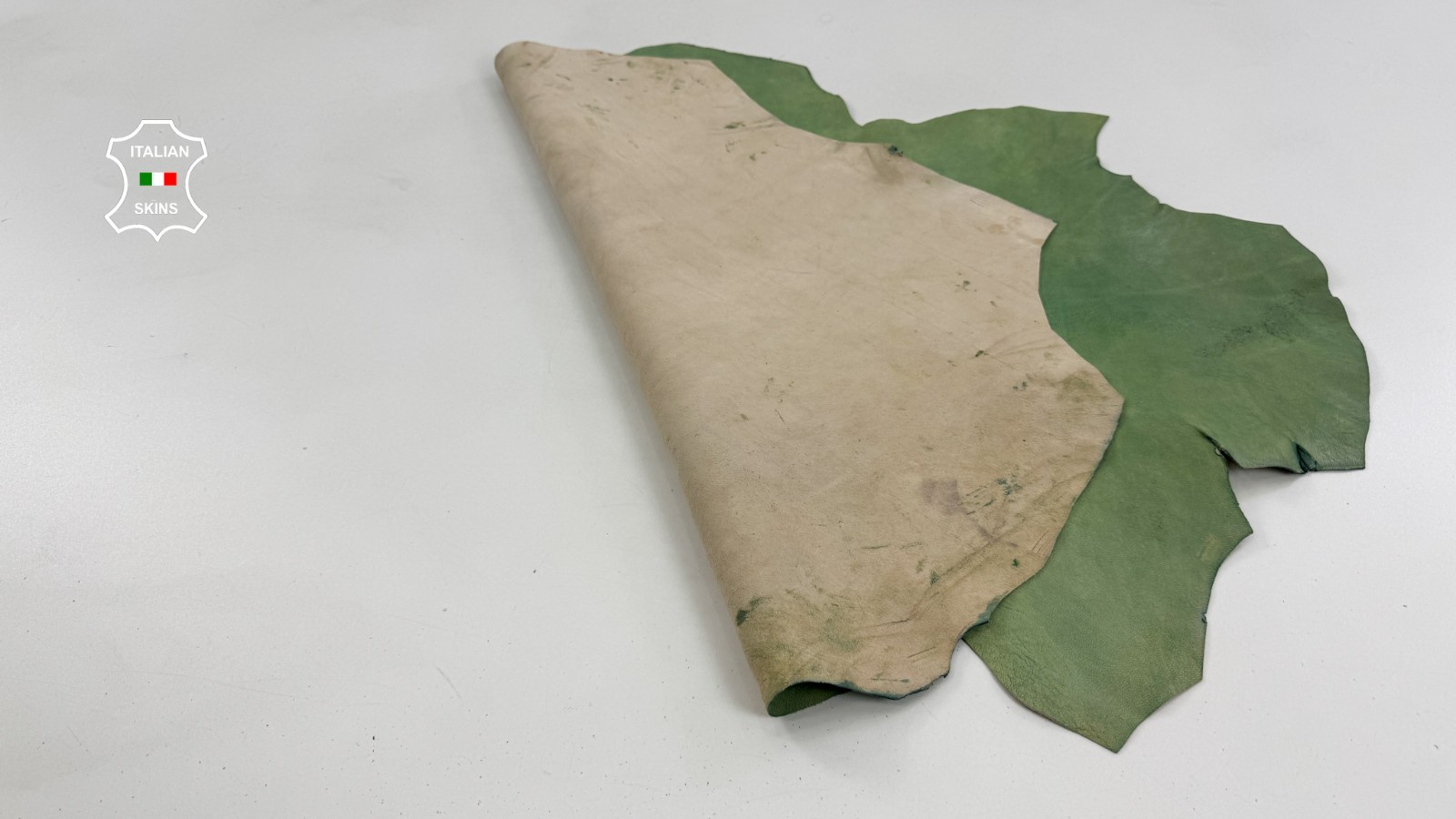 LIGHT GREEN VINTAGE LOOK VEGETABLE TAN Thick Goatskin Leather 3+sqf 1.1mm C7057