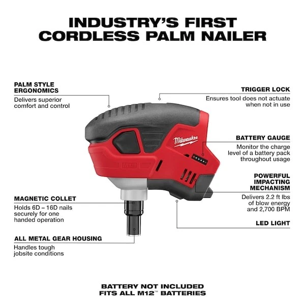 Milwaukee Tool 2458-20 M12 Cordless Palm Nailer - Image 2 of 4