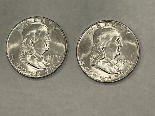 2 LUSTROUS 1954 D Franklin Silver Half Dollar – 90% Silver Coins - Uncirculated