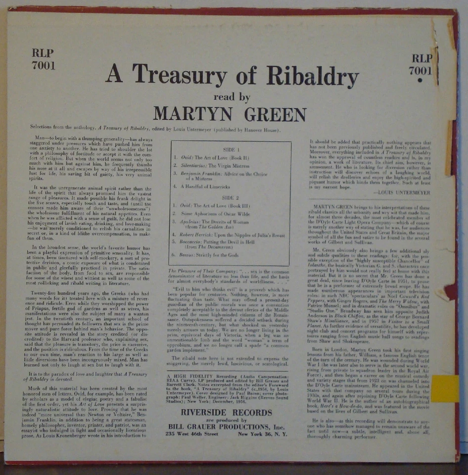 MARTYN GREEN Reads a Treasury of Ribaldry SCARCE 1957 DG BLUE RIVERSIDE MONO LP - Image 4 of 4