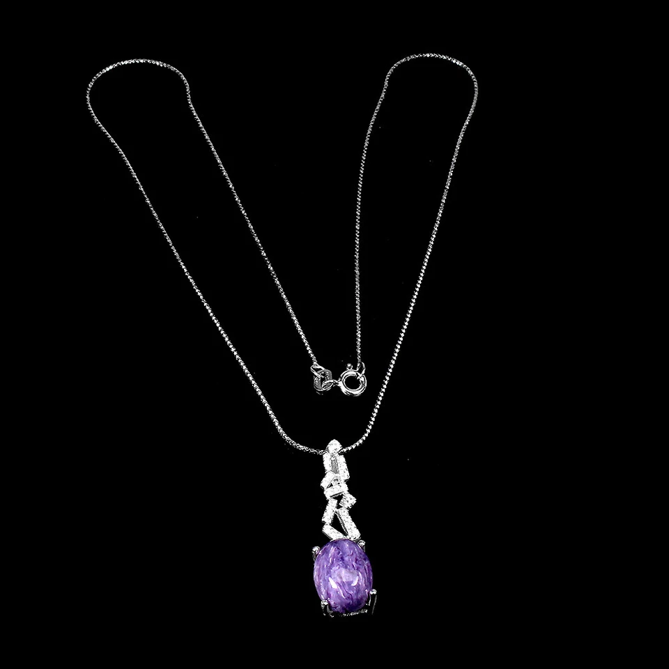 925 Argento Sterling Collana Ovale Charoite 11x9mm Naturale Gemma Gioielli 1 - Immagine 3 di 4