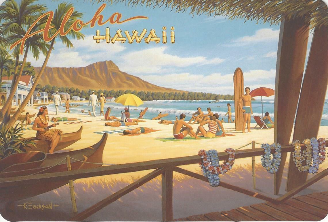 Aloha Retro Hawaii Postcard Beach Lei Surfboards Woman Ukulele