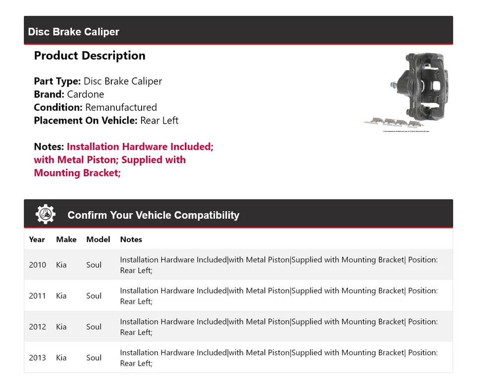 Pinza de freno de disco trasera izquierda cardone 2011 2012 para Kia Soul 2010-2013 Foto 2 de 4