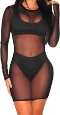 Women's Black Knee length MESH beach bikini cover up long sleeve dress (L)