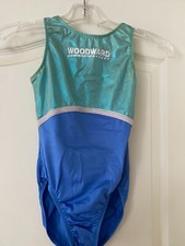 Woodward Camp Gymnastics Leotard, GK Elite, AXS, Light Blue and Green, Shimmery
