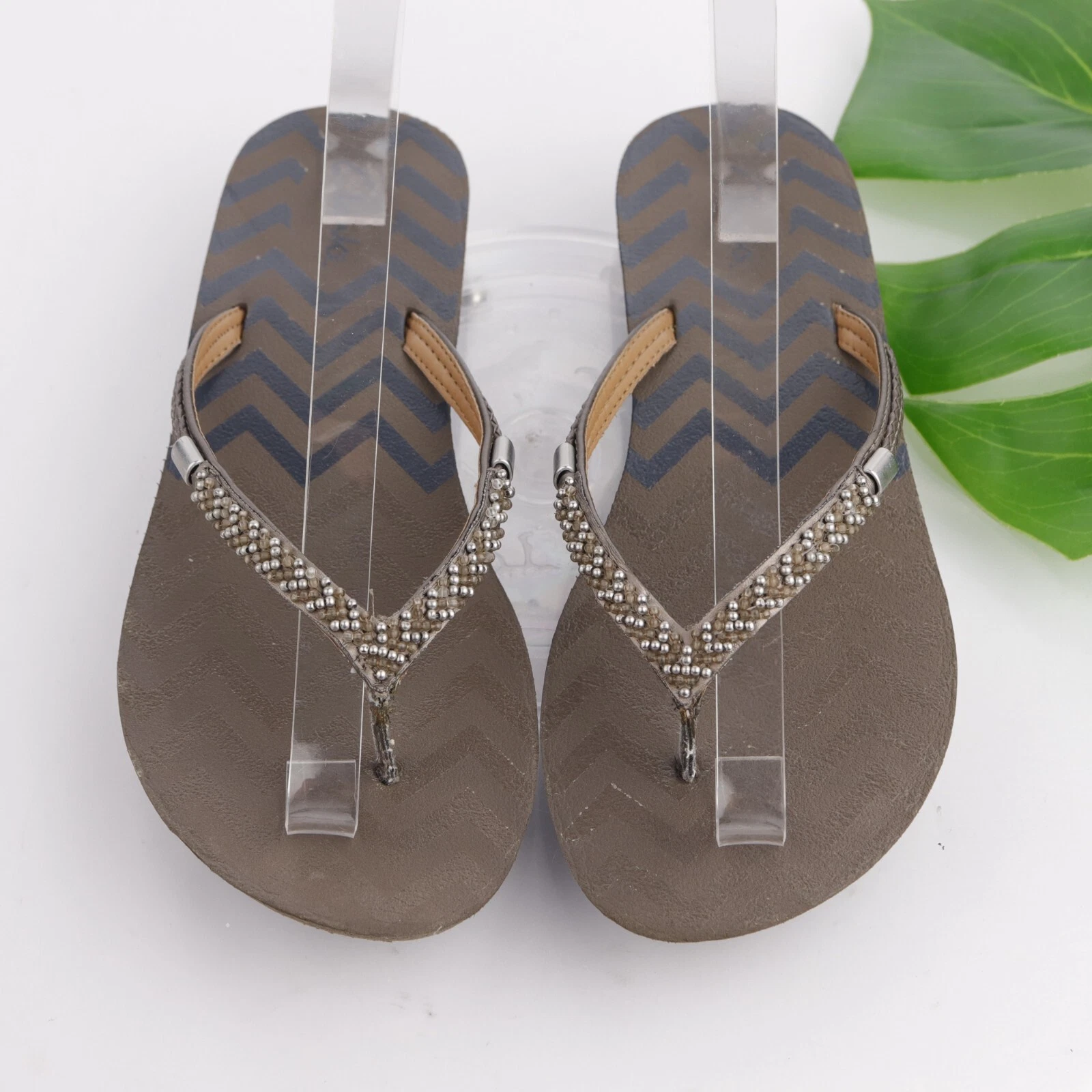 Sandalo da donna Clarks taglia 6 perline perizoma infradito marrone argento spiaggia