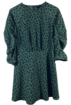 Who What Wear Polka Dot Dress 3/4 Shirred Sleeves Green Black Size S