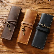 Genuine Leather Pencil Case Roll Up Pen Curtain Storage Pouch stationery Holder 