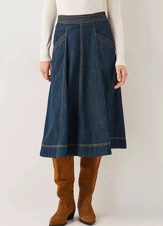 Monsoon UK Size 22-24 XXL Dark Blue Harper Seamed Denim A-Line Midi Skirt - Image 2 of 4