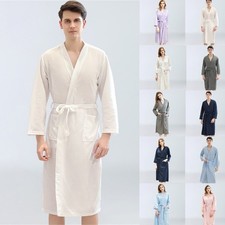 Womens Mens Lightweight Long Robes with 3/4 Sleeves Waffle Knit Belted Bathrobe