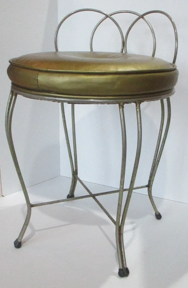 Taburete de tocador con cojín dorado vintage MCM taburete de maquillaje silla Regency BSMT Foto 2 de 4