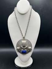 Egyptian Revival Style Necklace Silver Tone Blue Acrylic Cabochon King Tut