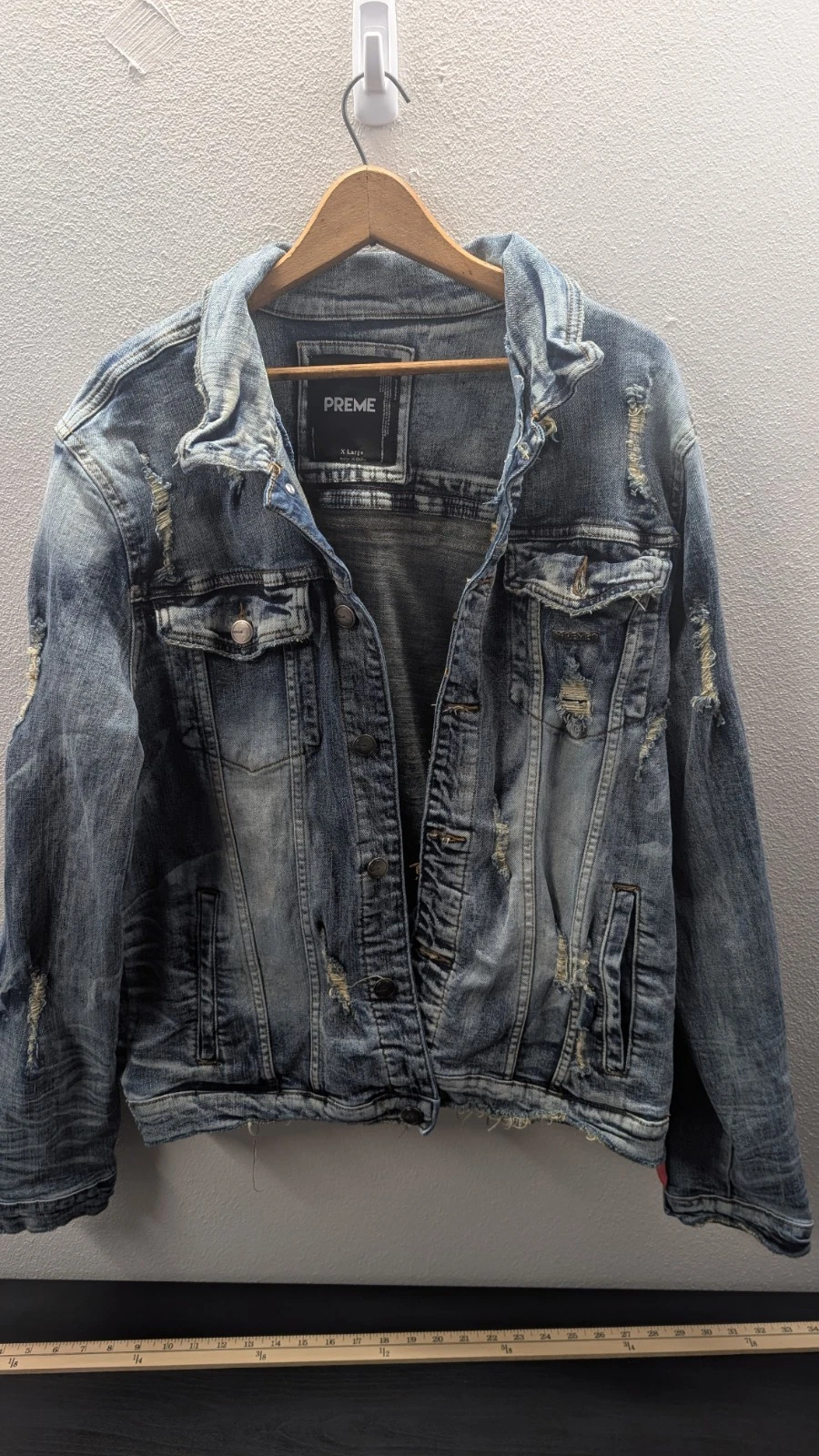 PREME Blue Denim Jacket Distressed Size XL Red Zipper Stripe Tattered