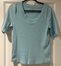 Talbots Womens L Ribbed V-Neck Tee T Shirt Alice Stripe TURQUOISE And WHITE
