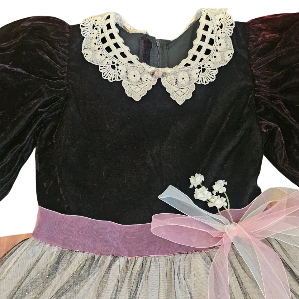 Vestido de fiesta recital de concurso de los 90 para niñas talla 6 falda de tul terciopelo negro de colección EE. UU. Foto 2 de 4