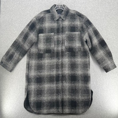 Gap Shacket Coat Women L Grey Plaid Wool Blend Shirt Jacket