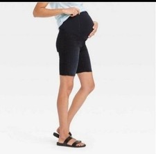 Isabel Maternity Crossover Panel Midi Black Wash Jean Shorts w/Raw Edge Sz 12