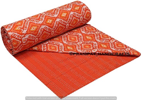 Queen Ikat Throw Summer Orange Cotton Home Decor Blanket Kantha Quilt Bedspread - Picture 4 of 4