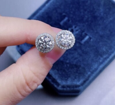 4 kt Rundschliff FL/D Lab Created weißer Saphir Heiligenschein Ohrstecker 14 K Weißgold 