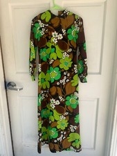 Vintage 70s Polynesian Bazar Dress Tiki Hawaii Green Brown Floral