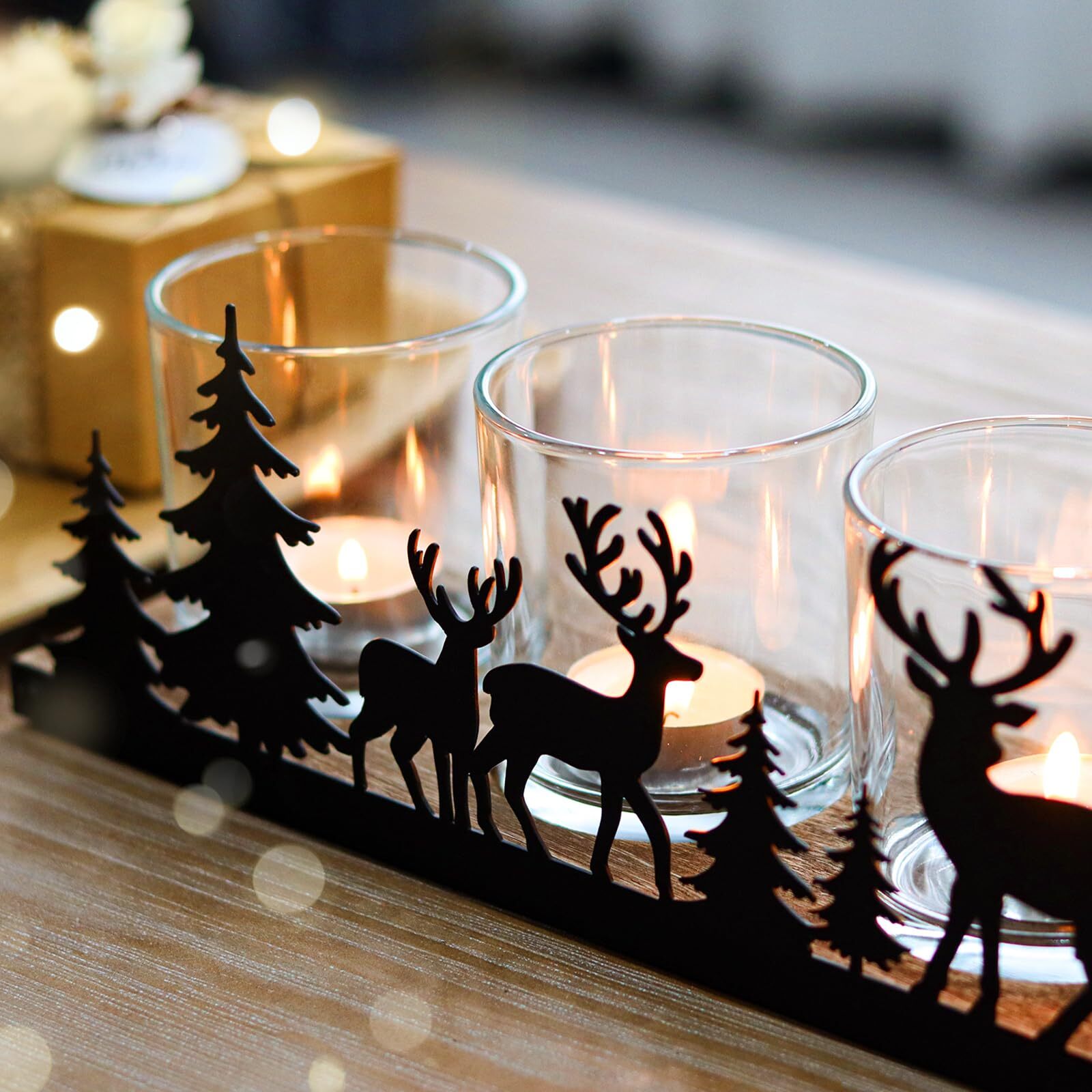 Tealight Candle Holder Set with Wooden Tray and 4 Glass Votives-image