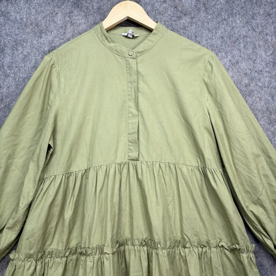 Vestido Poesía Reino Unido 12 Verde Oliva Mezcla de Lino Manga Larga Midi Niveles Lagenlook Foto 4 de 4
