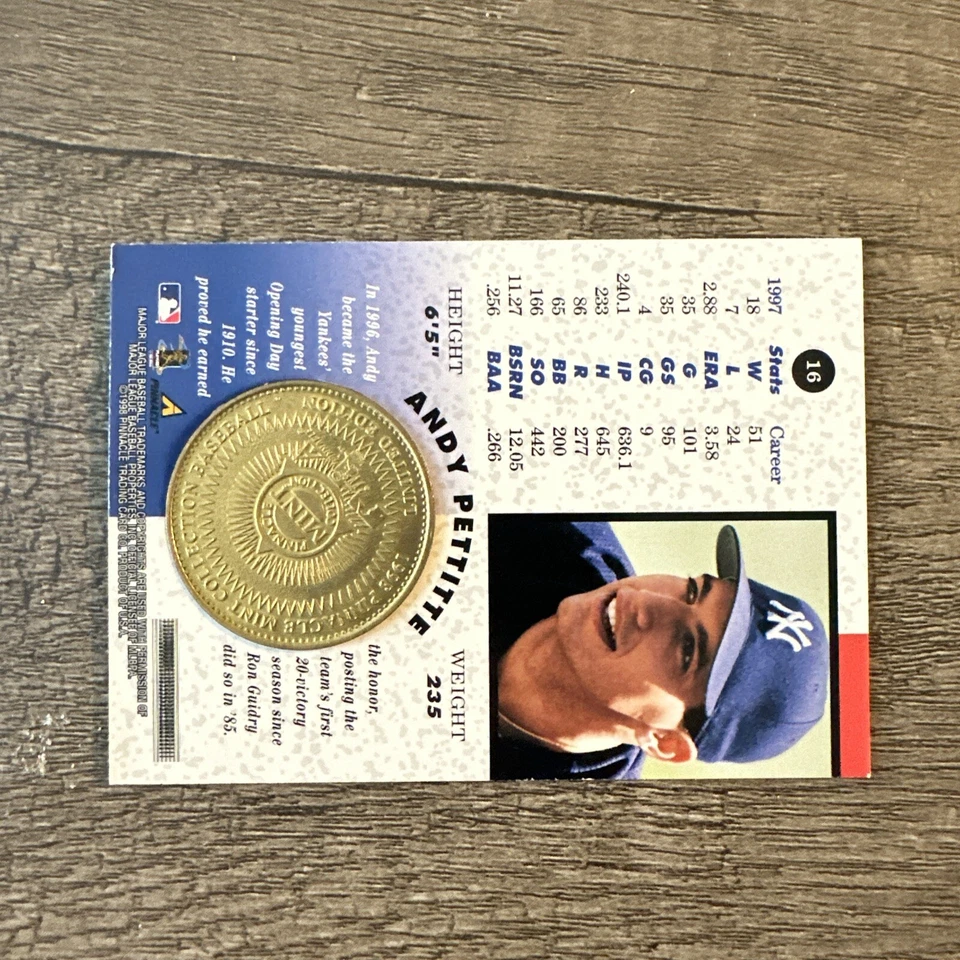  1998 PINNACLE MINT COLLECTION BRASS COIN & CARD #16 ANDY PETTITTE  Rare! - Image 2 of 2