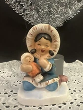 Vintage Kelvin's Inuit Girl Child With Doll Figurine Yupik Girl Japan