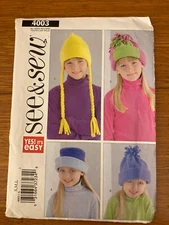 Uncut See & Sew Sewing Pattern 4003 Kids’ Sizes S-M-L  4 Styles Of Winter Hats