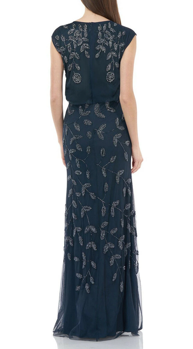 JS Collections Navy Blue Beaded Leaf Chiffon Trumpet Gown Size 4 Orig 298