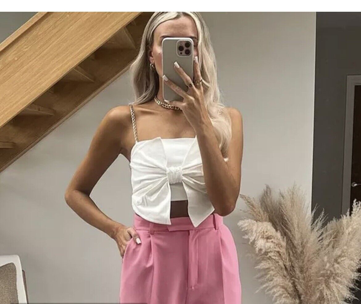 ZARA WOMAN NWT SS22 OYSTER WHITE CHAIN STRAP TOP , M .2298