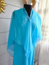 Vintage Disco Era Cape Dress Aqua Formal Gown S/M