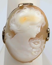 Vintage 10K Yellow Gold Carved Shell Cameo Ring Size 7 Woman Portrait, 30mm