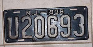 Vintage 1938 New Jersey License Plate U20693 - N.J. 1938 15” Length Gangster