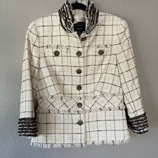 Doncaster Collection Tweed Linen Blend Silk Trim Womens Windowpane Plaid Blazer