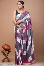 Women Mul Cotton White Saree With Blouse For Women Indian Ethnic Sari Draper