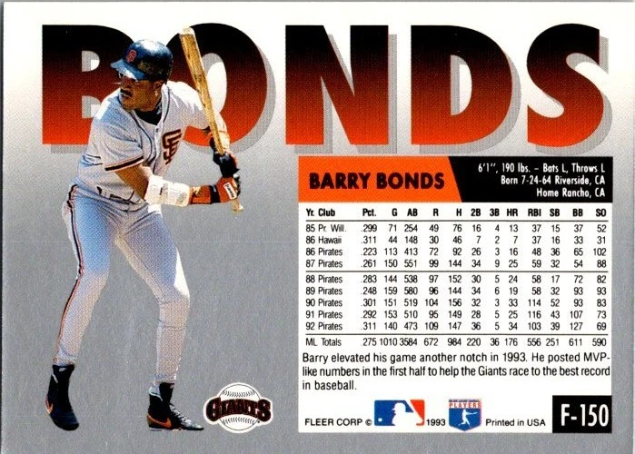 Barry Bonds - 1993 Fleer Final - # F-150 - Giants - Image 2 of 2