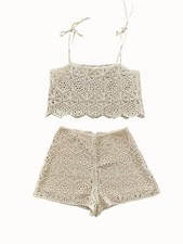 HM Beige Crochet Cotton Geometric Tank Shorts Set for Women, 2 Piece