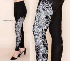 USA New VOCAL Womens CRYSTAL BLACK RHINESTONE CROSS FLORAL LEGGINGS S M L XL