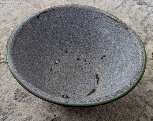 12" Gray Granite Ware Enamel Ware Green Rim Wash Bowl Basin Lip #1 - Picture 9 of 11