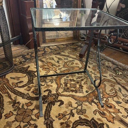 VINTAGE SMALL VERDIGRIS WROUGHT IRON GLASS TOP SIDE TABLE 14.5x12.5” 1940s 50s - Picture 5 of 7