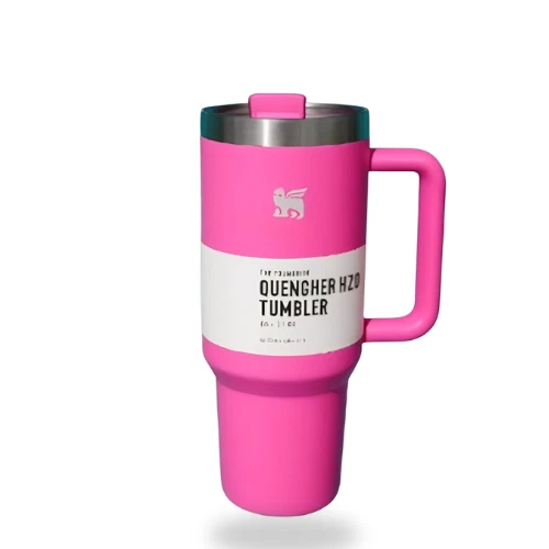 40 oz Pink Insulated Stainless Steel Tumbler with Handle & Straw - Image 3 of 3