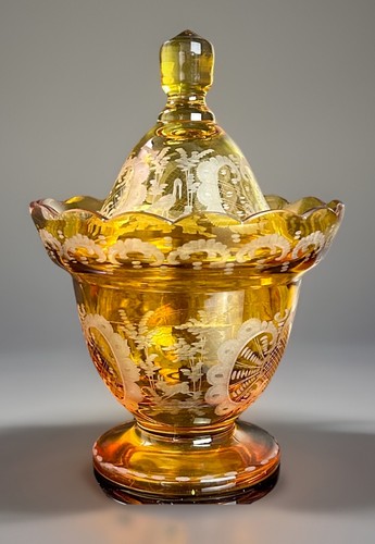 Antique Bohemian Glass Etched Lidded Jar/Candy Dish 7.75”H Amber c19thC