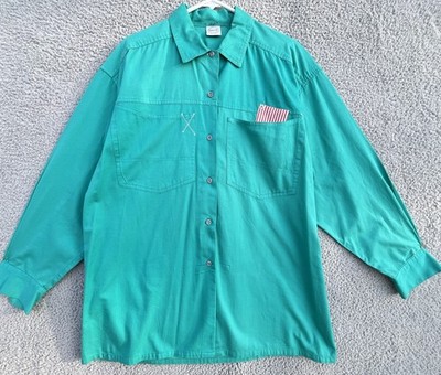 Vintage Jordache Women s M Teal Button Up Shirt Oversized Accented Slant Pockets