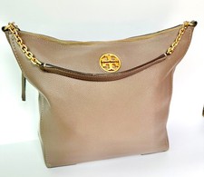 Authentic Tory Burch carter hobo shoulder bag in Taupe Leather gold Chain  tote