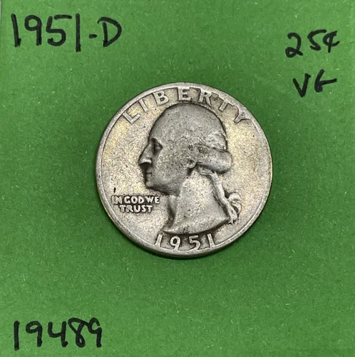 1951 D Washington Quarter 90% Silver Very Good VG See Pictures