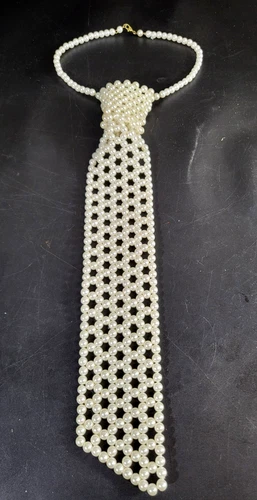 Vintage Faux Pearl Beaded Necktie Necklace Statement Costume Jewelry 20s Gatsby