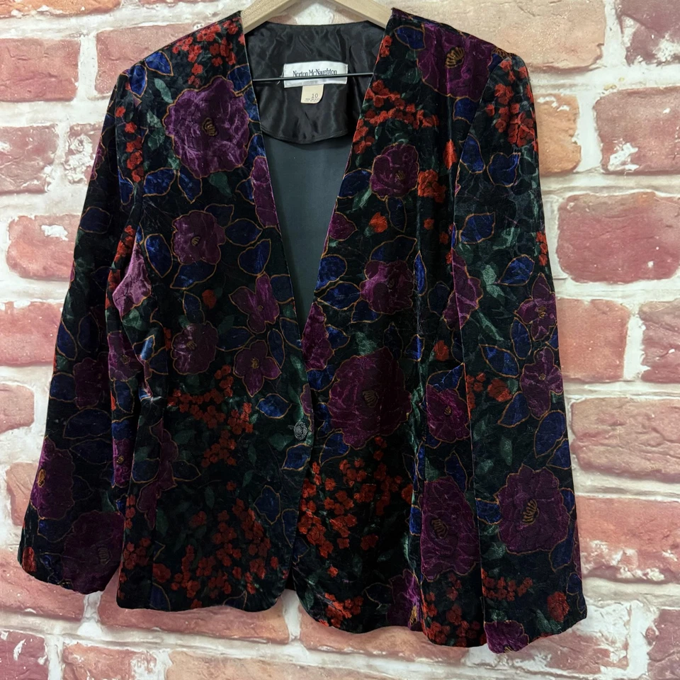 Blazer Vintage Norton McNaughton Mujer 10 Multicolor Terciopelo Floral Chaqueta Foto 3 de 4